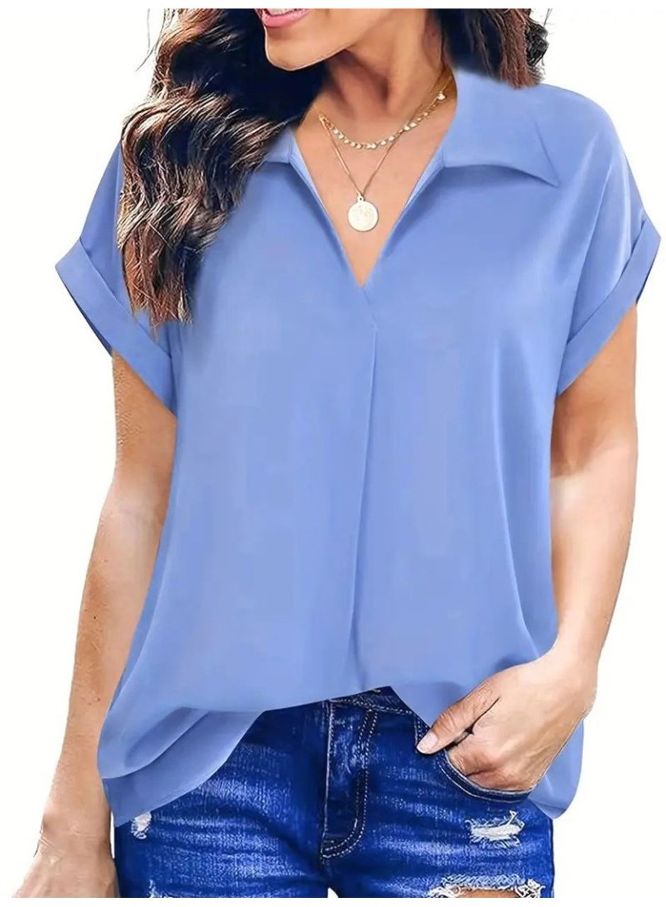 Kadın Kısa Kollu Yakalı Uzun Sandy Bluz