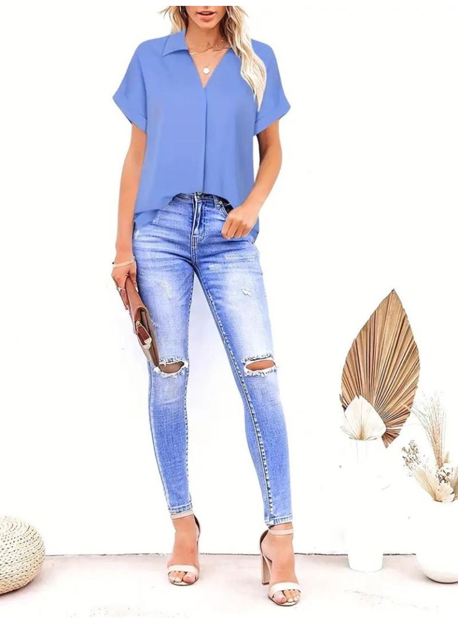 Kadın Kısa Kollu Yakalı Uzun Sandy Bluz