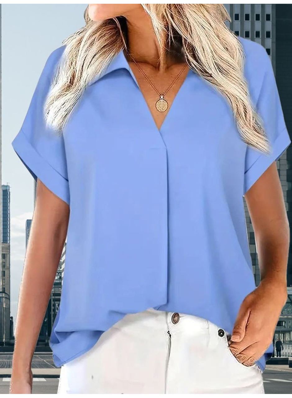 Kadın Kısa Kollu Yakalı Uzun Sandy Bluz