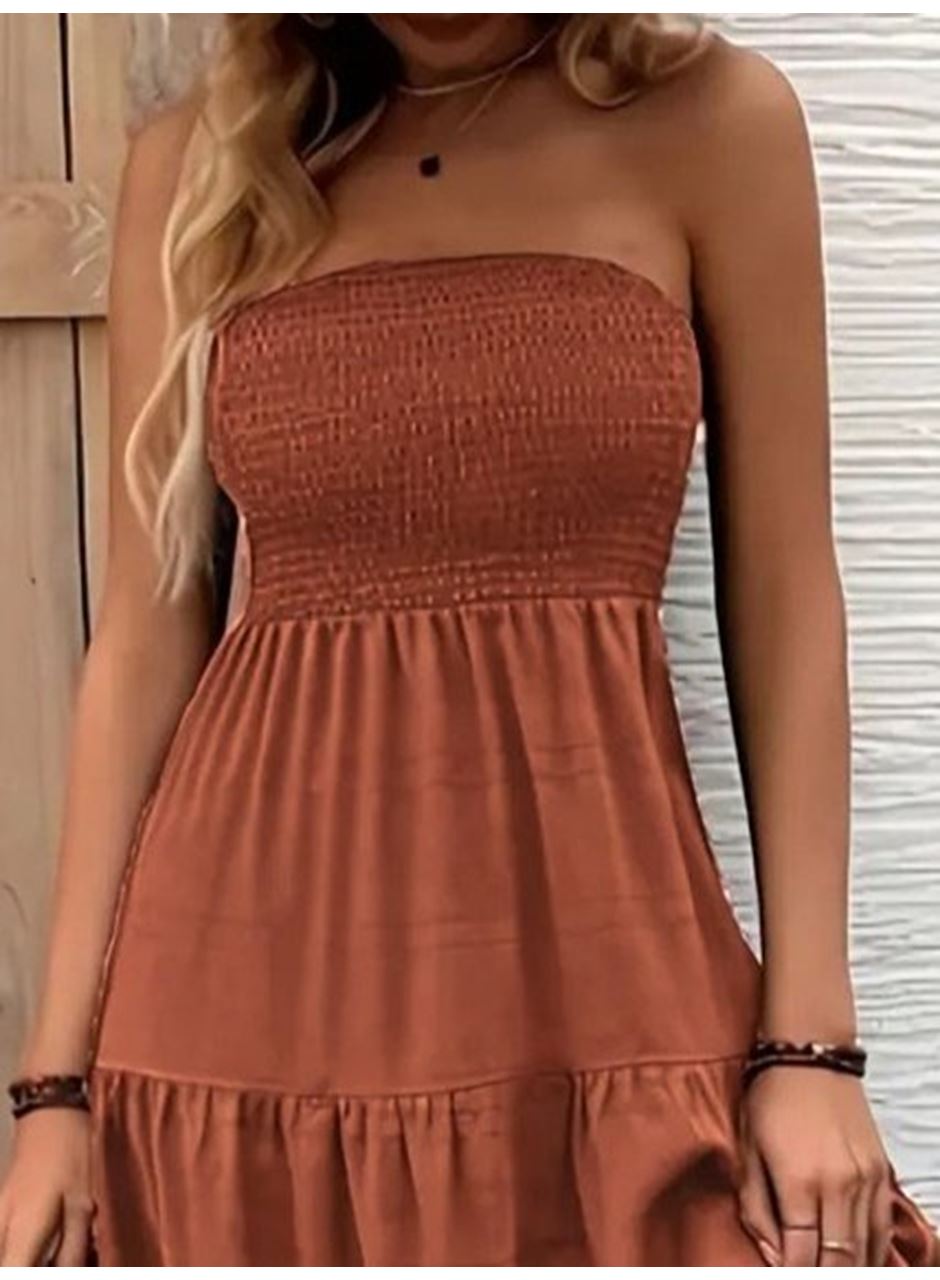 Kadın Straplez Göğüsten Lastikli Kloş Aerobin Uzun Elbise