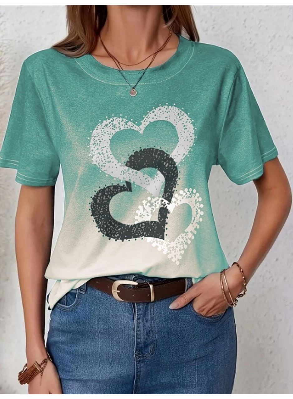 Kadın Kısa Kollu Bisiklet Yaka Kalp Baskılı Süprem Bluz