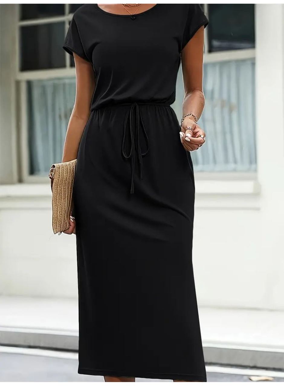 Kadın Kısa Kollu Yakası Açık Belden Kuşaklı Yandan Yırtmaçlı Midi Viskon Elbise