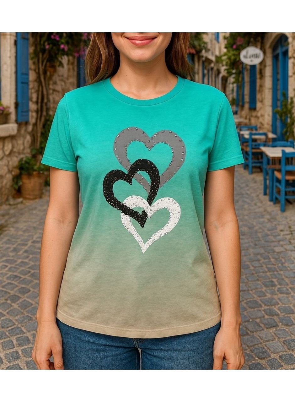 Kadın Kısa Kollu Bisiklet Yaka Kalp Baskılı Süprem Bluz