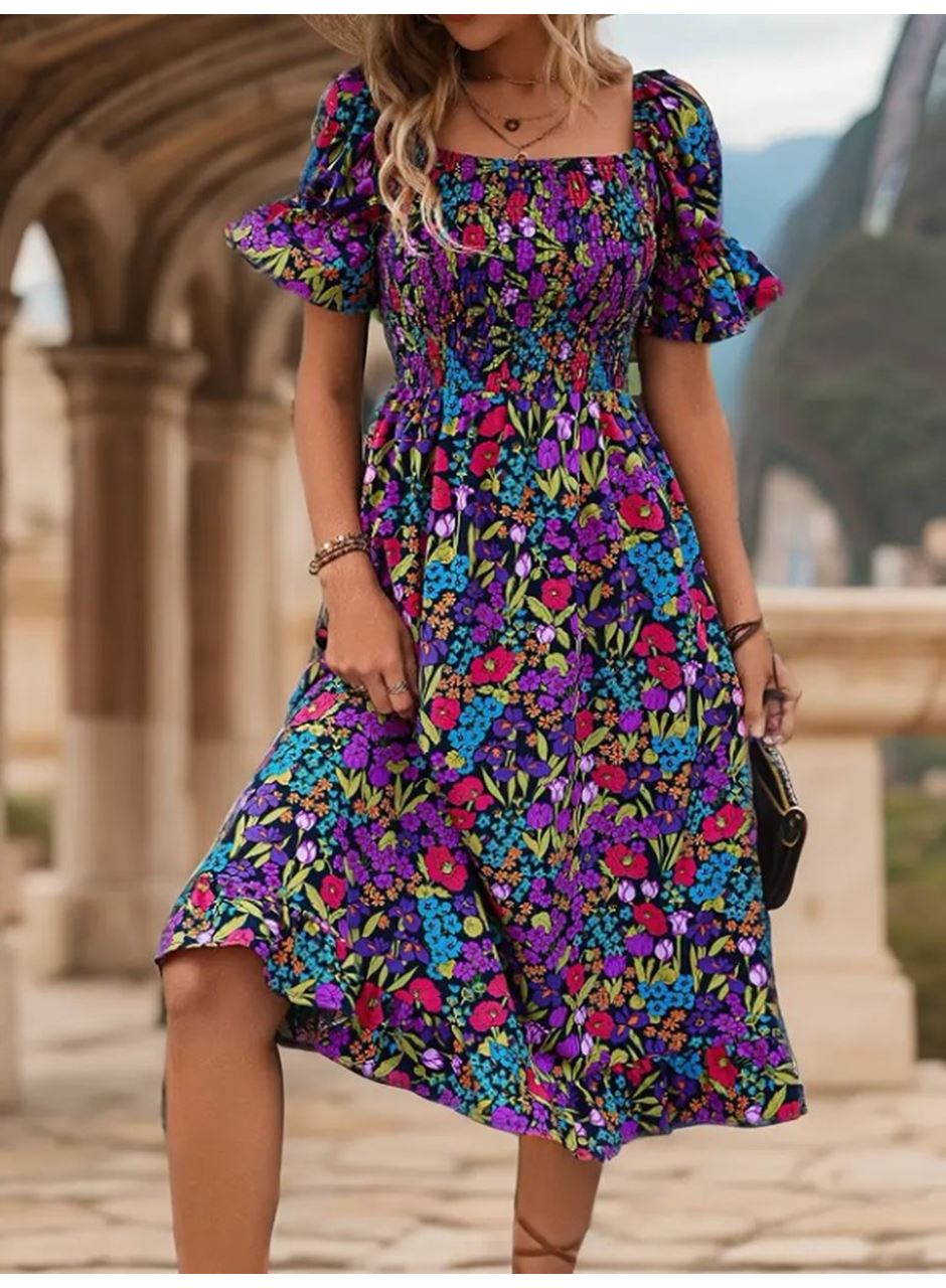 Kadın Kısa Kollu Kare Yakalı Beli Lastikli çiçek Desenli Mini Süprem Elbise