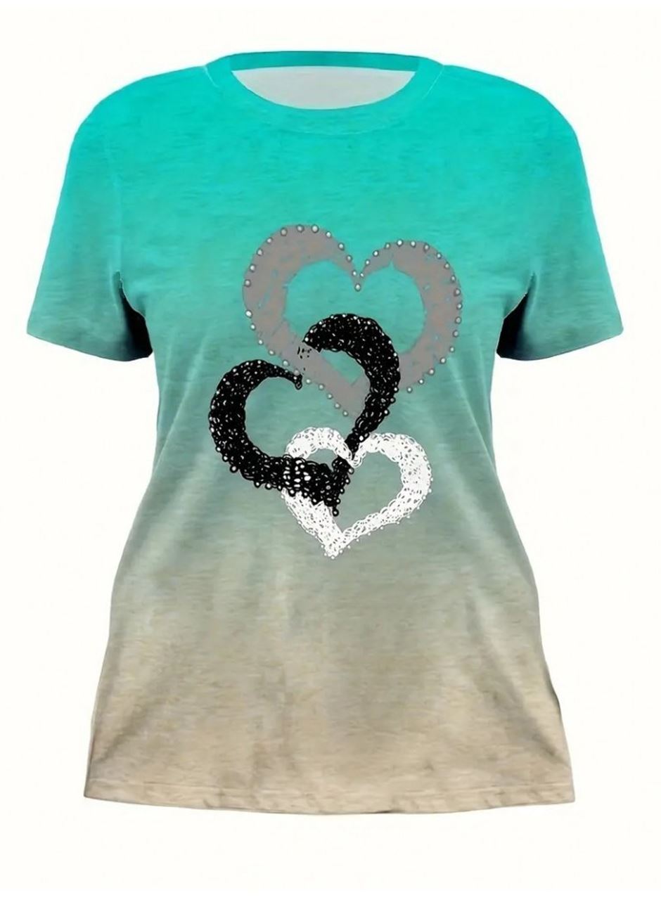 Kadın Kısa Kollu Bisiklet Yaka Kalp Baskılı Süprem Bluz