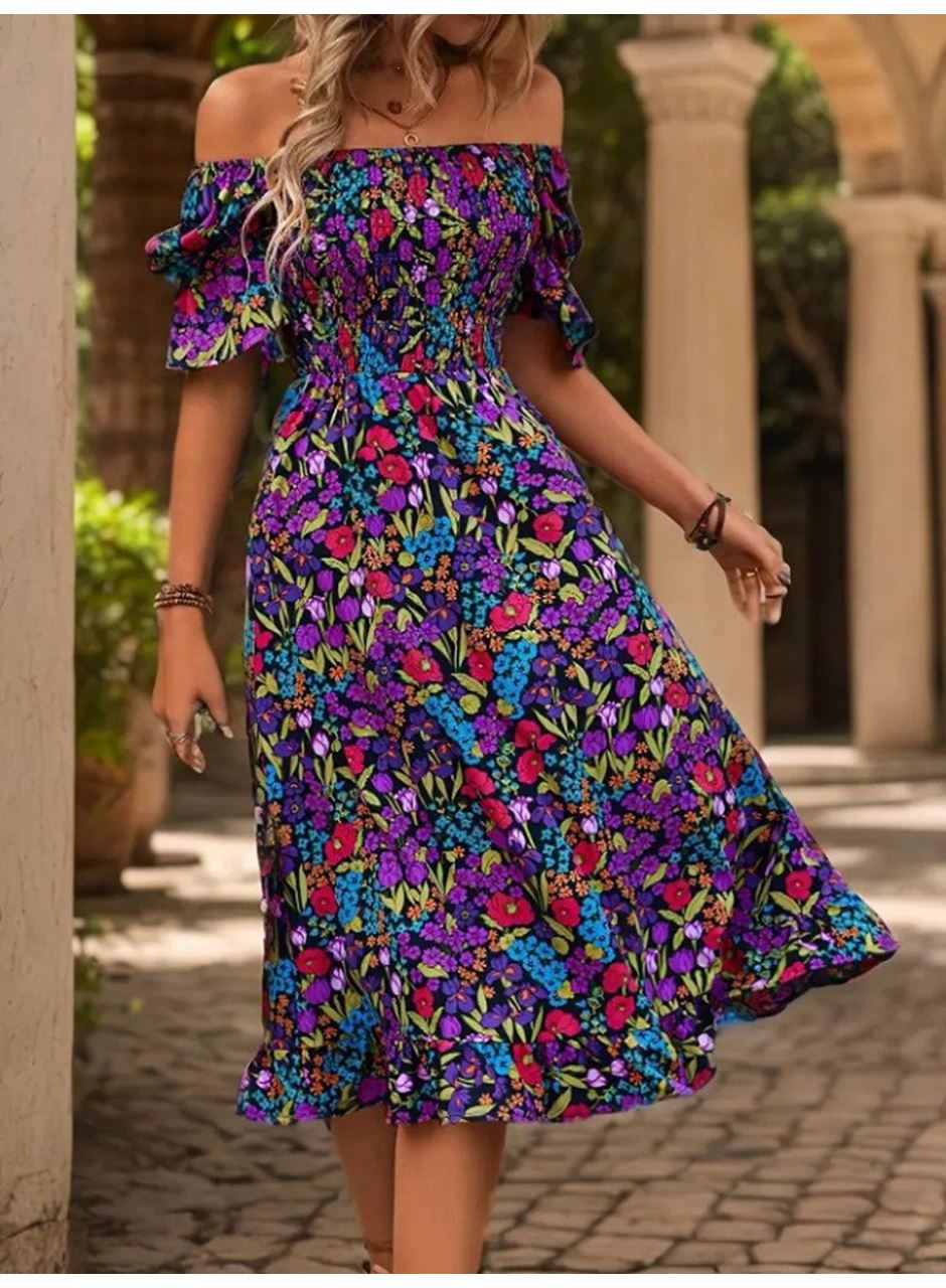 Kadın Kısa Kollu Kare Yakalı Beli Lastikli çiçek Desenli Mini Süprem Elbise