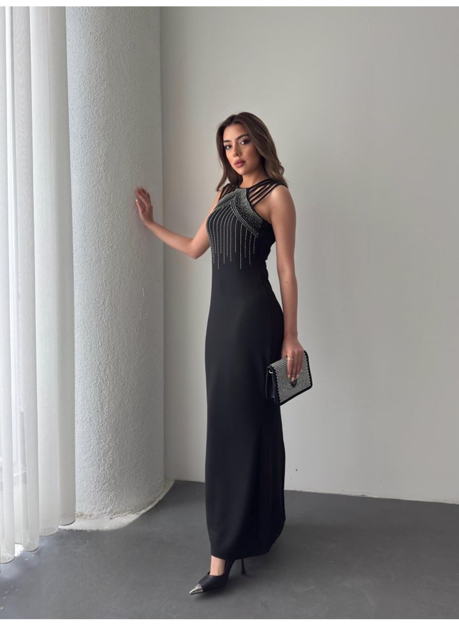 Kadın Omuz çoklu Askılı önü Taş Işlemeli Balık Kesim Janjan Krep Maxi Boy Elbise