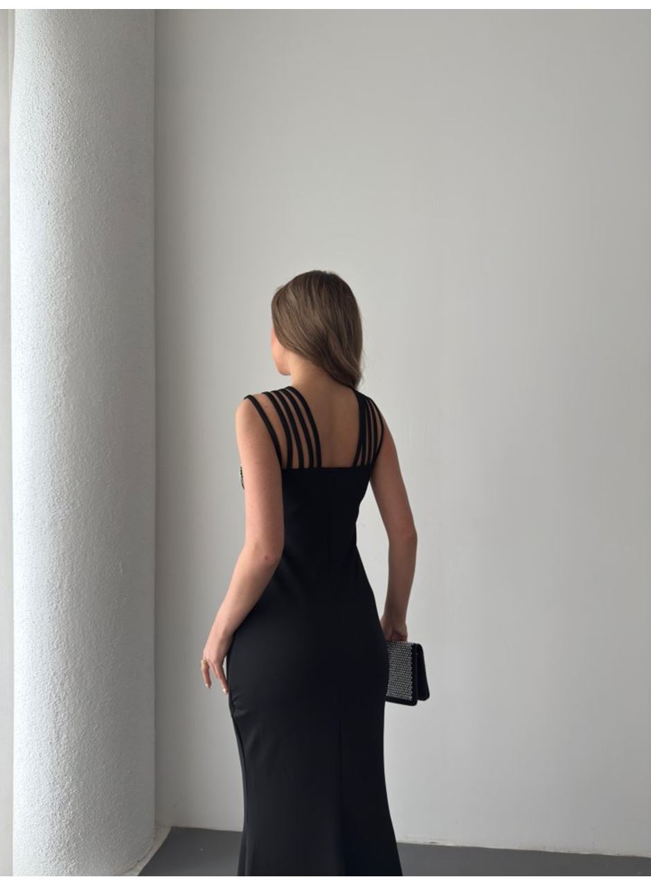 Kadın Omuz çoklu Askılı önü Taş Işlemeli Balık Kesim Janjan Krep Maxi Boy Elbise