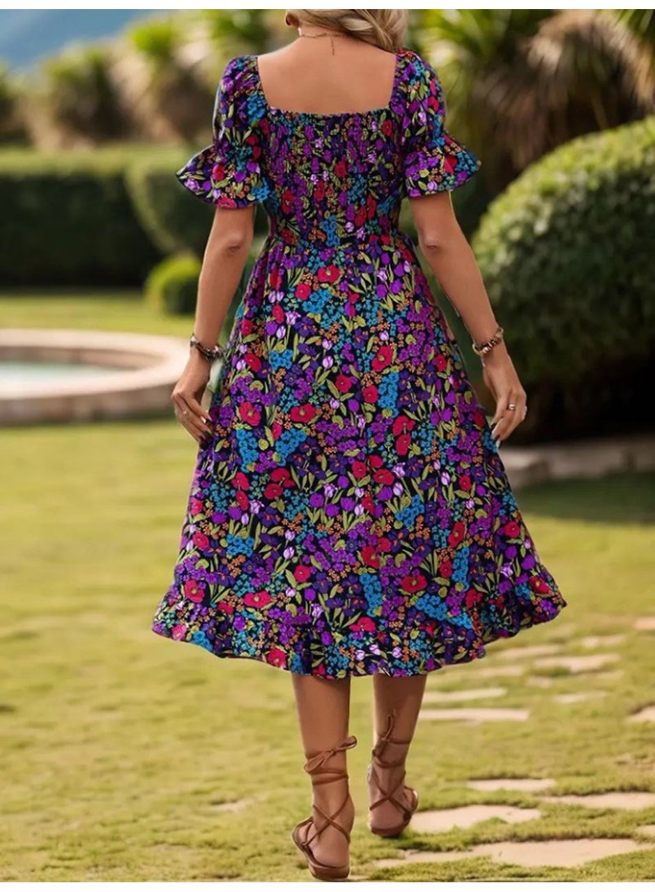 Kadın Kısa Kollu Kare Yakalı Beli Lastikli çiçek Desenli Mini Süprem Elbise