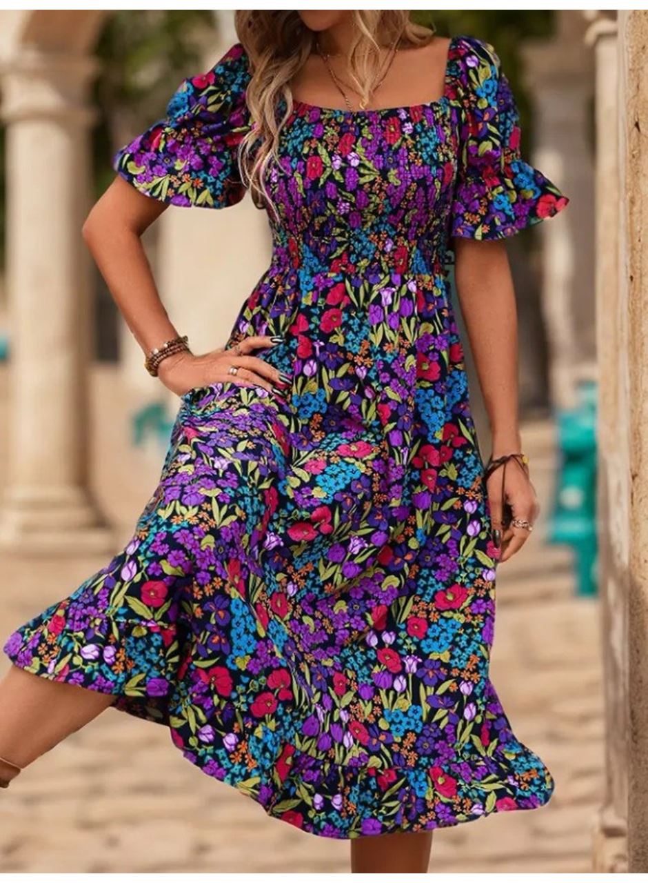 Kadın Kısa Kollu Kare Yakalı Beli Lastikli çiçek Desenli Mini Süprem Elbise