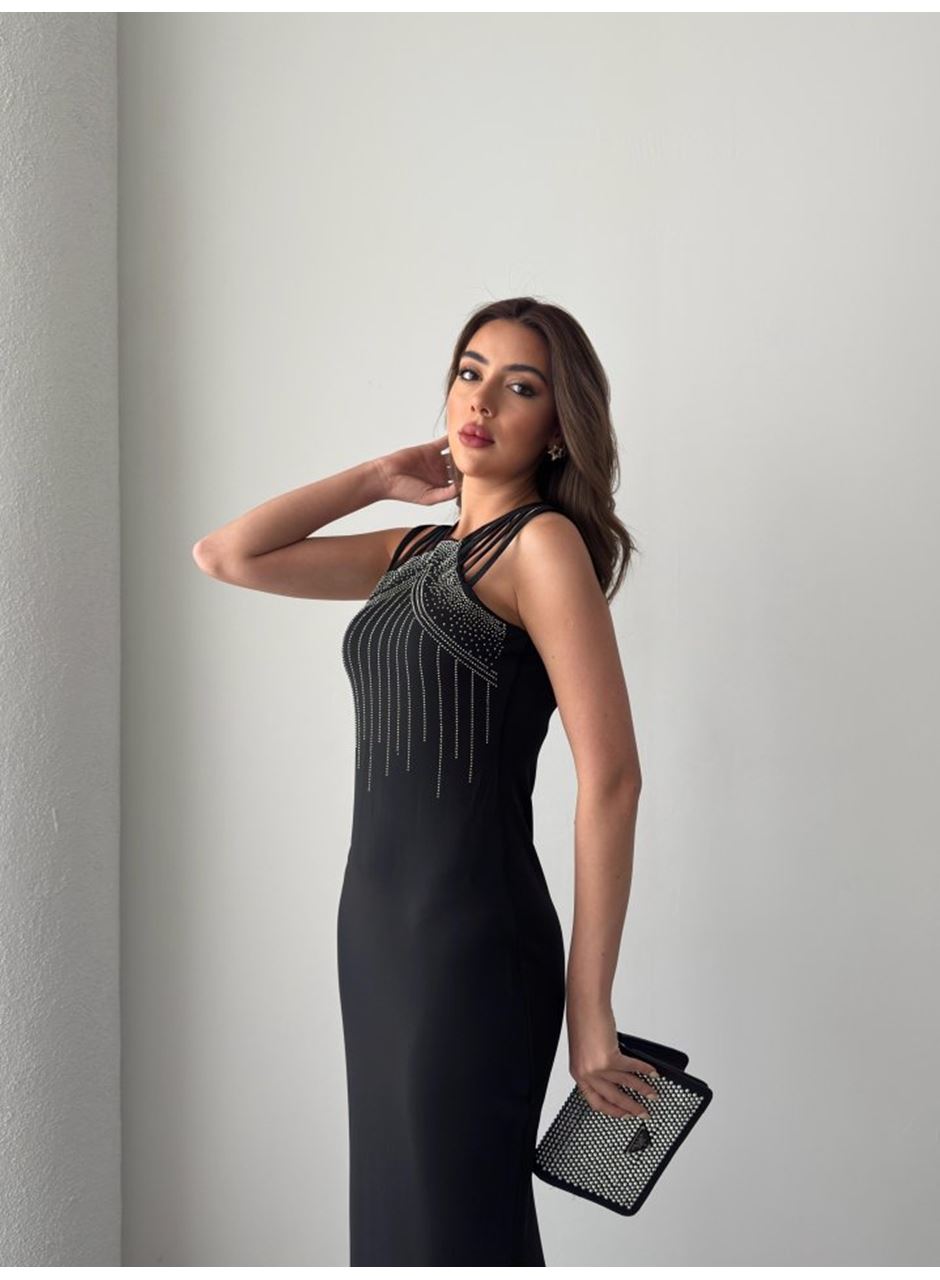 Kadın Omuz çoklu Askılı önü Taş Işlemeli Balık Kesim Janjan Krep Maxi Boy Elbise