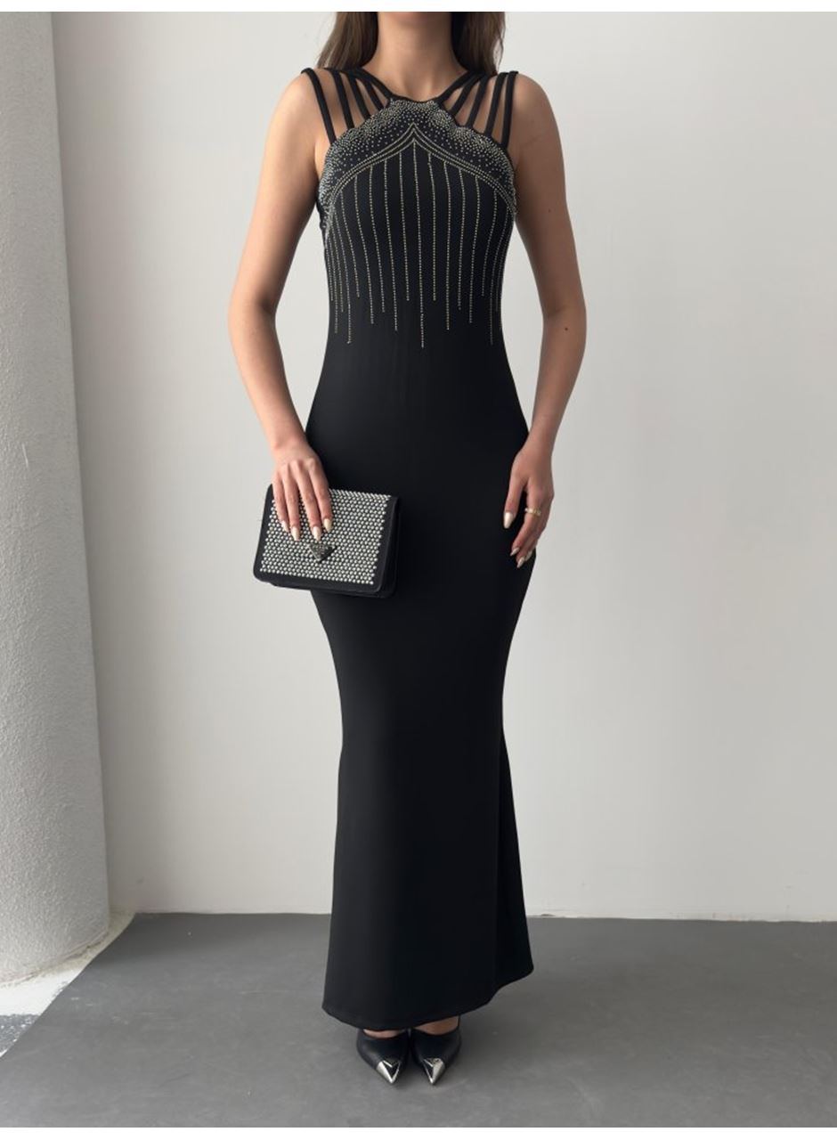 Kadın Omuz çoklu Askılı önü Taş Işlemeli Balık Kesim Janjan Krep Maxi Boy Elbise