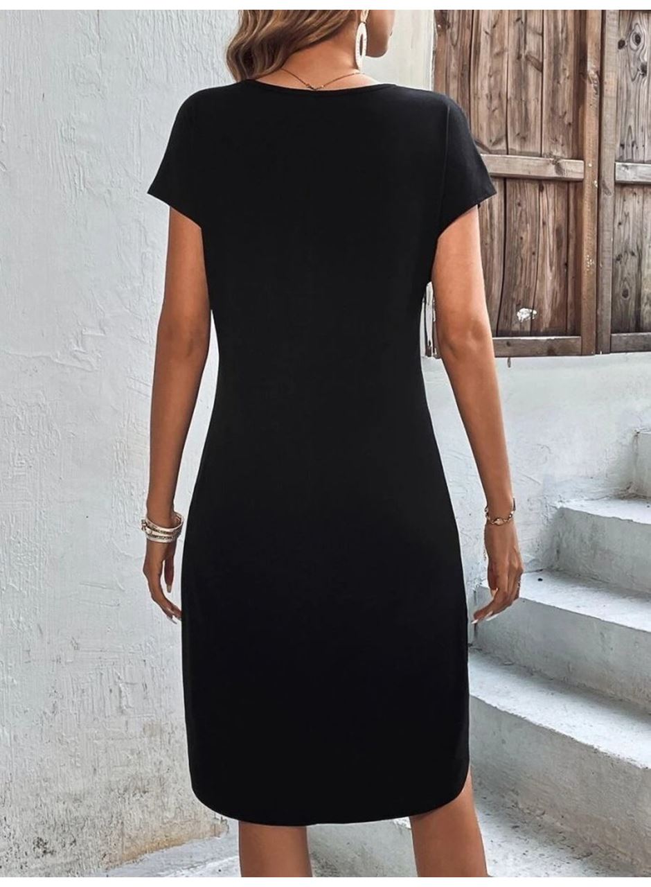 Kadın Kısa Kollu Bisiklet Yaka Viskon Iki Iplik Elbise