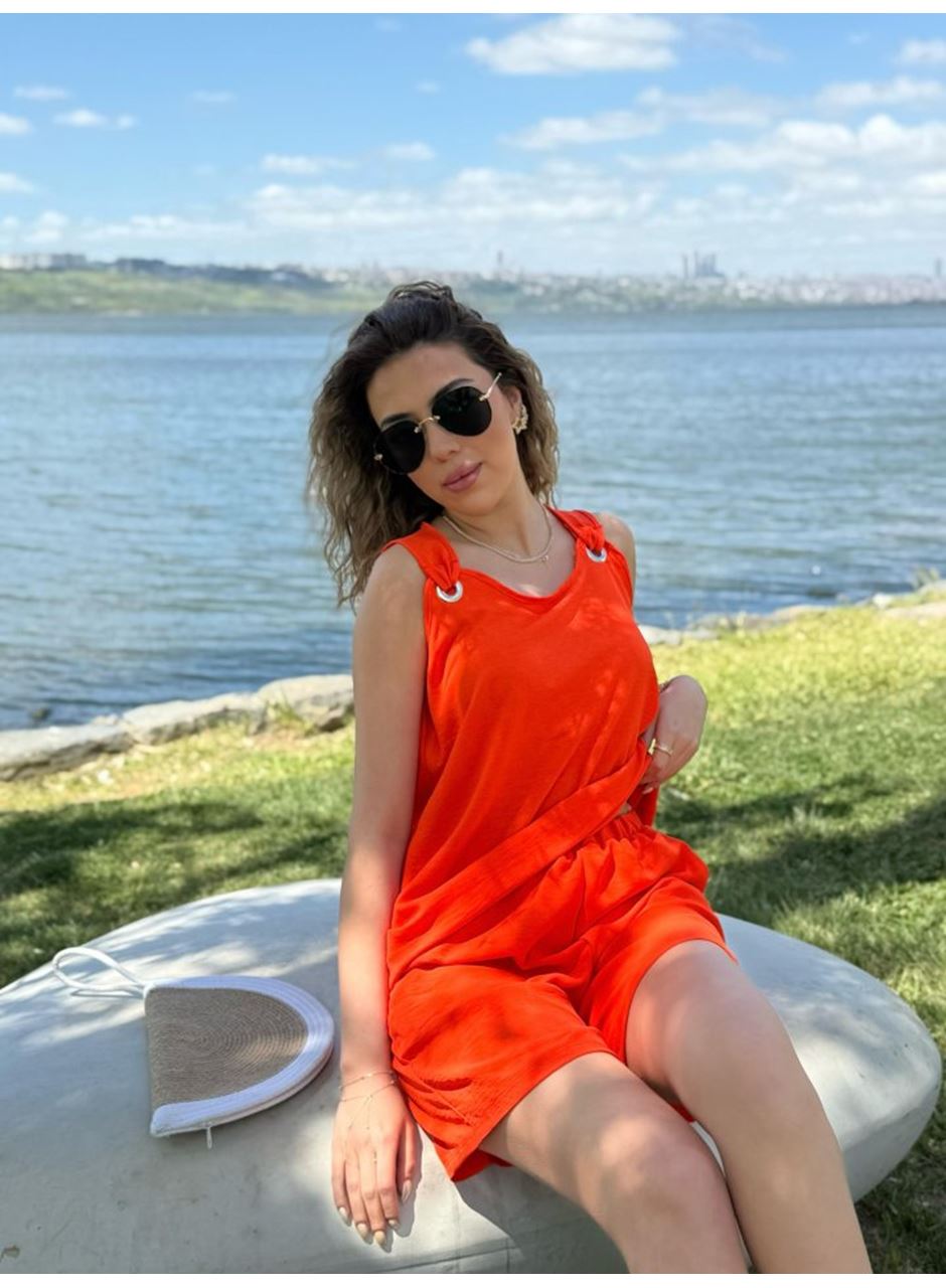 Kadın Kolsuz V Yaka Kuş Gözü Detay Bluz Short Aerobin Ikili Takım