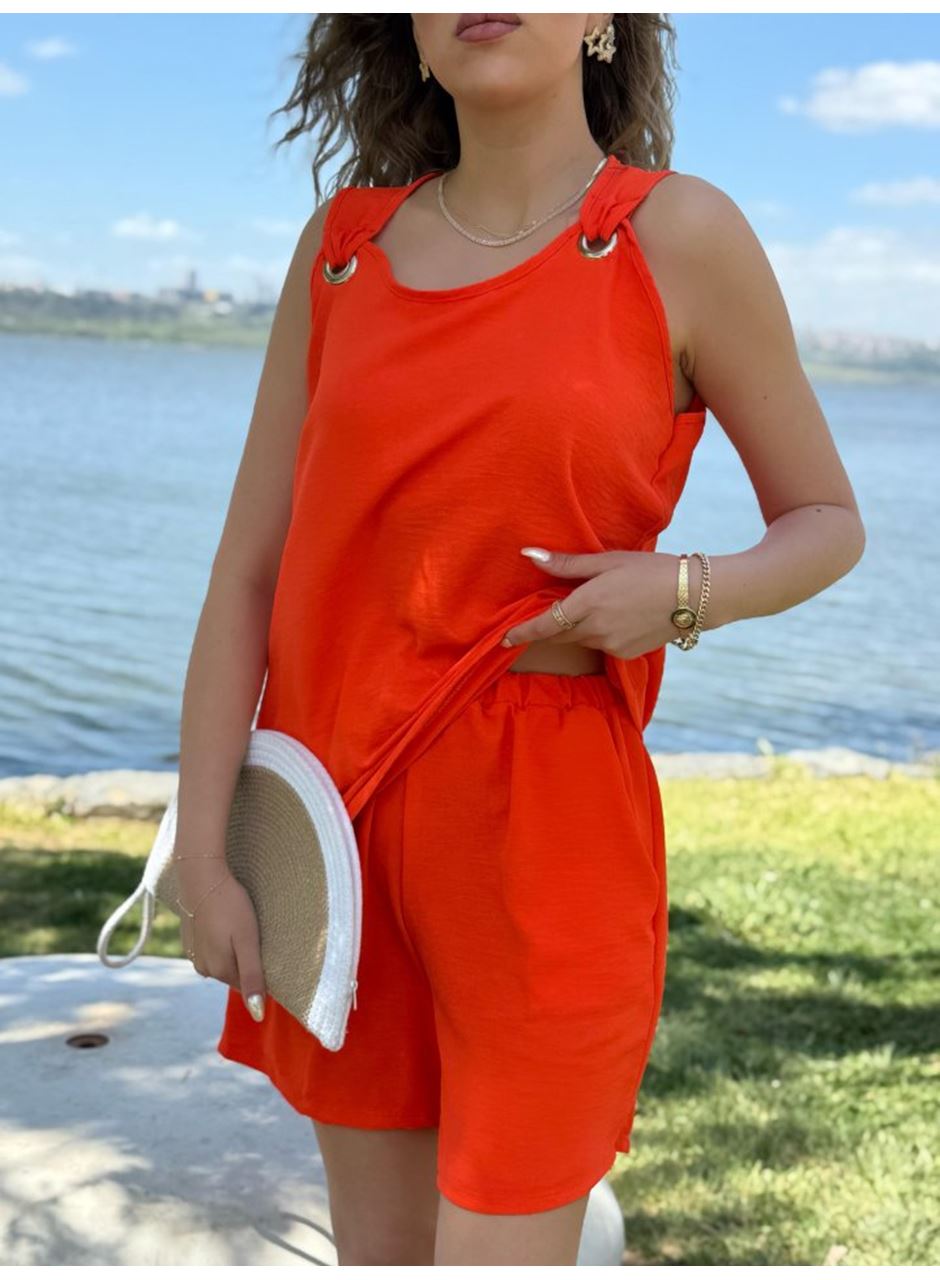 Kadın Kolsuz V Yaka Kuş Gözü Detay Bluz Short Aerobin Ikili Takım