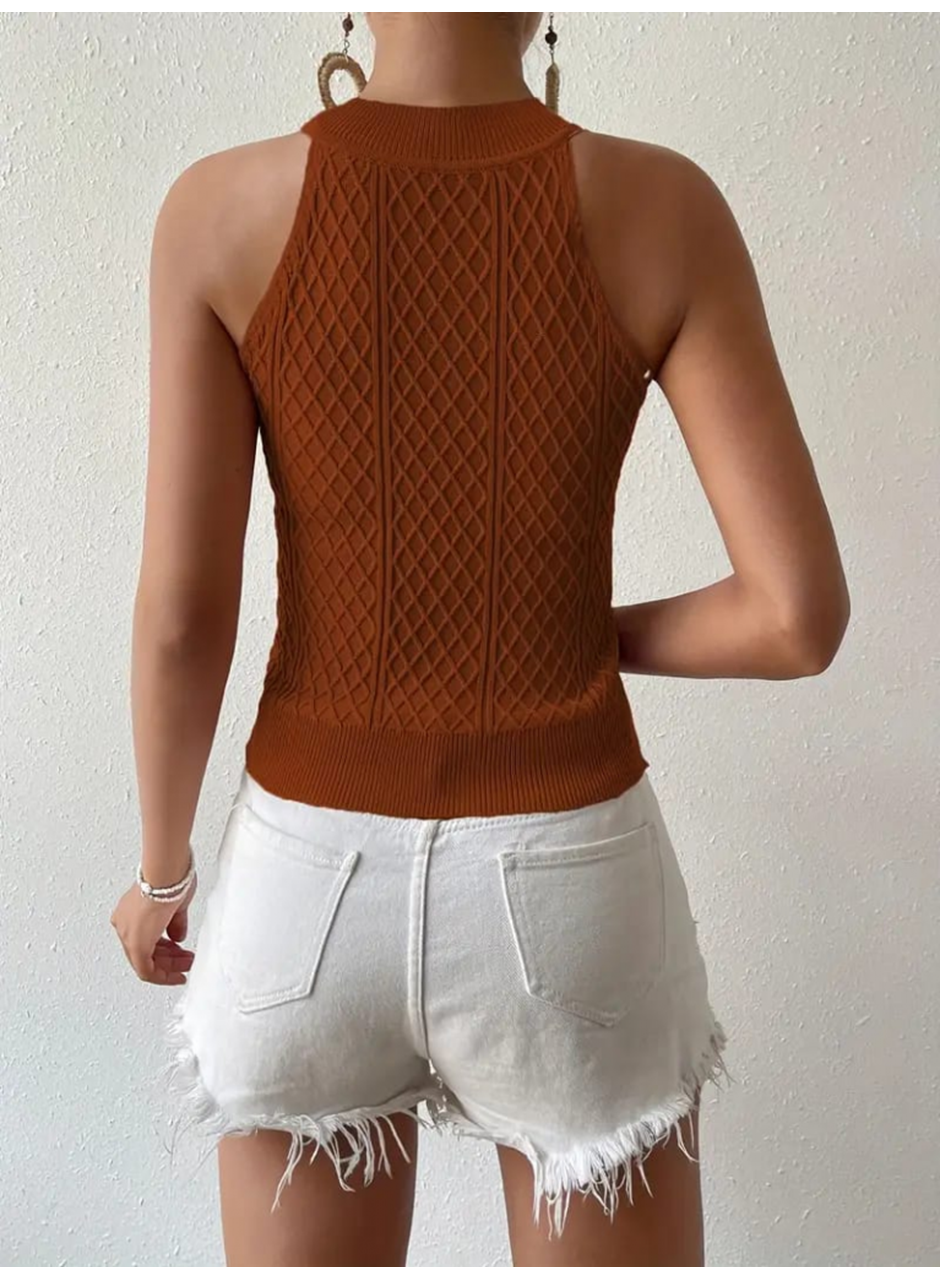 Kadın Kolsuz Halter Yaka Mini Baklava Desenli Triko Bluz