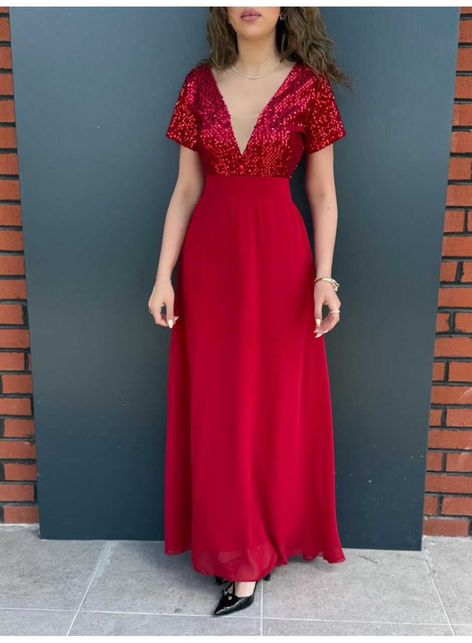 Kadın Kısa Kollu Derin V Yakalı A Kesim Pulpayet Detaylı şifon Nedime Elbisesi