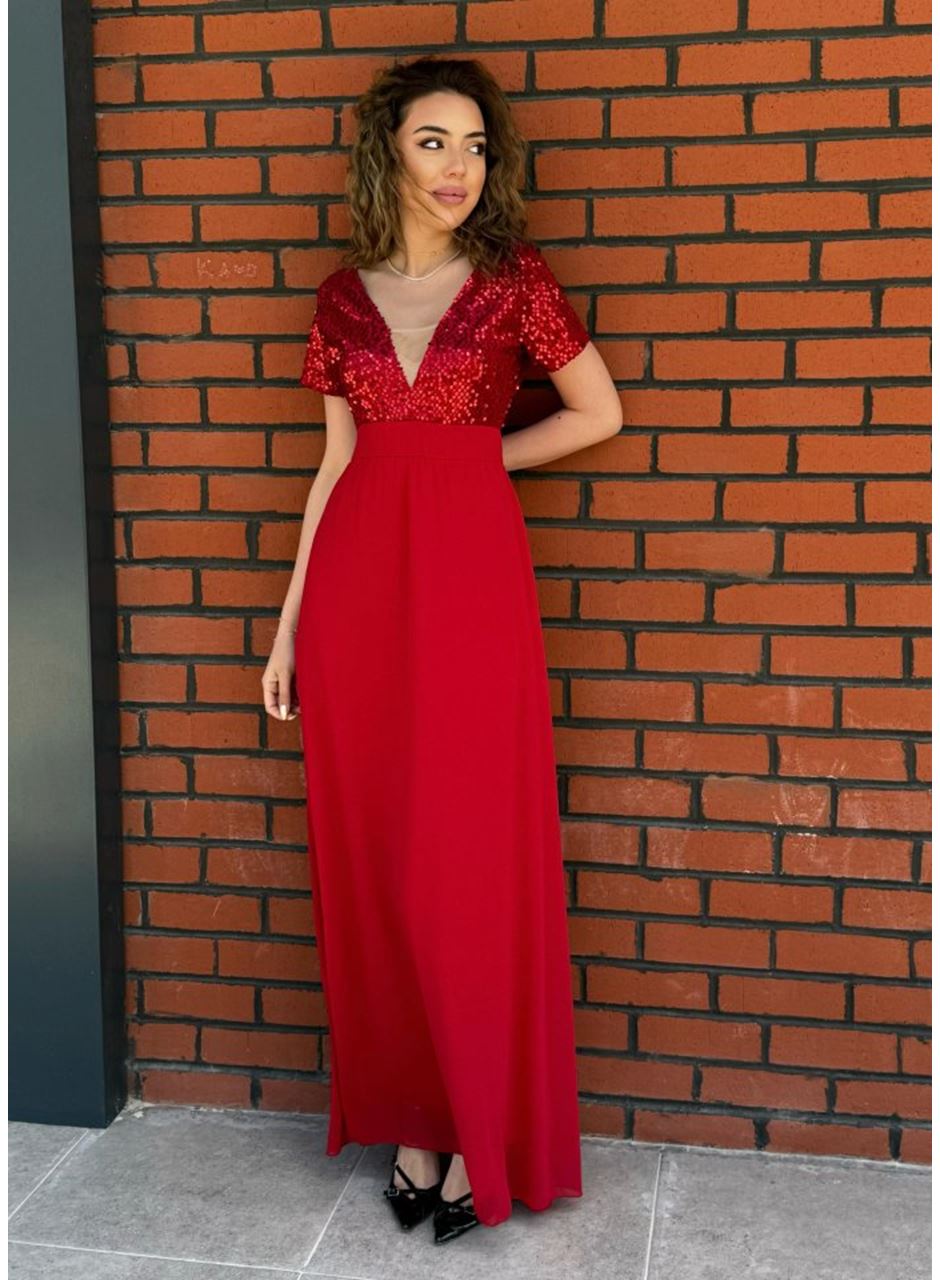 Kadın Kısa Kollu Derin V Yakalı A Kesim Pulpayet Detaylı şifon Nedime Elbisesi