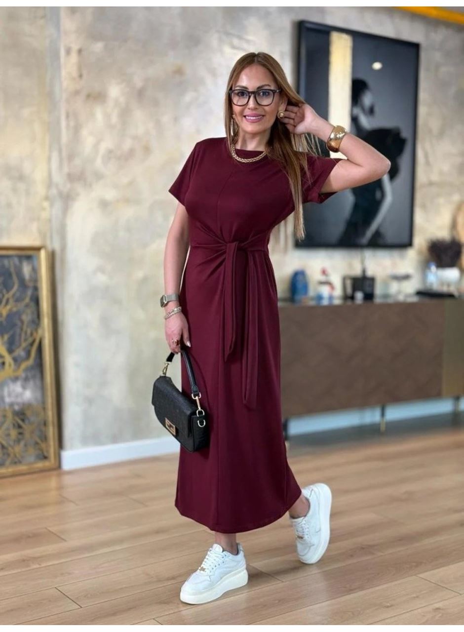 Kadın Kısa Kollu Bisiklet Yaka Yandan Bağlamalı Viskon Iki Iplik Elbise