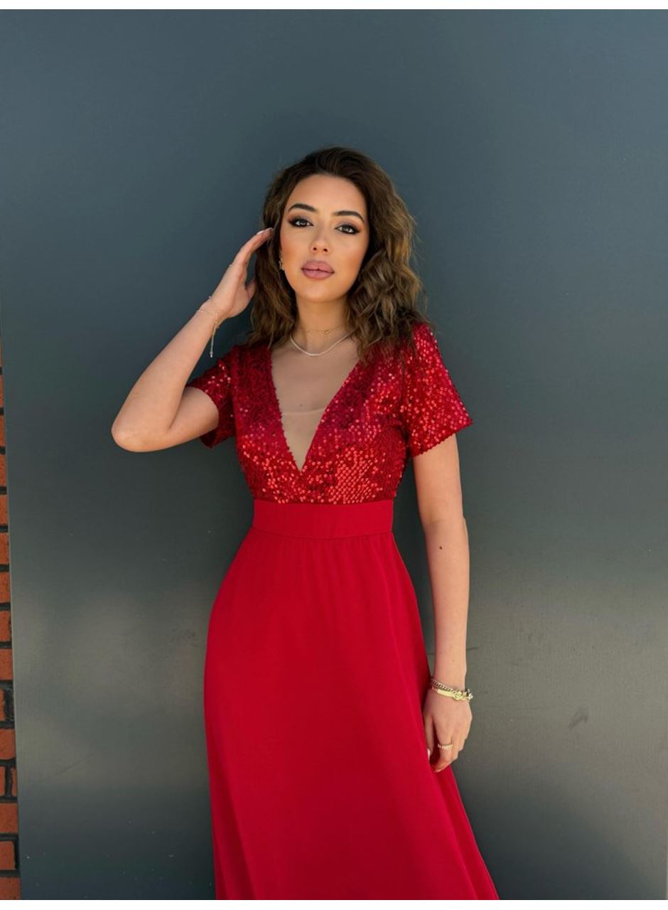 Kadın Kısa Kollu Derin V Yakalı A Kesim Pulpayet Detaylı şifon Nedime Elbisesi