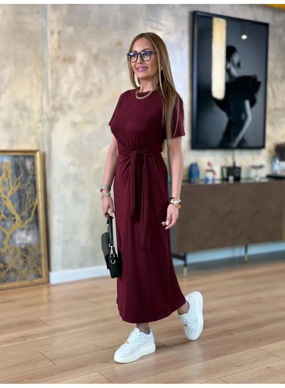 Kadın Kısa Kollu Bisiklet Yaka Yandan Bağlamalı Viskon Iki Iplik Elbise