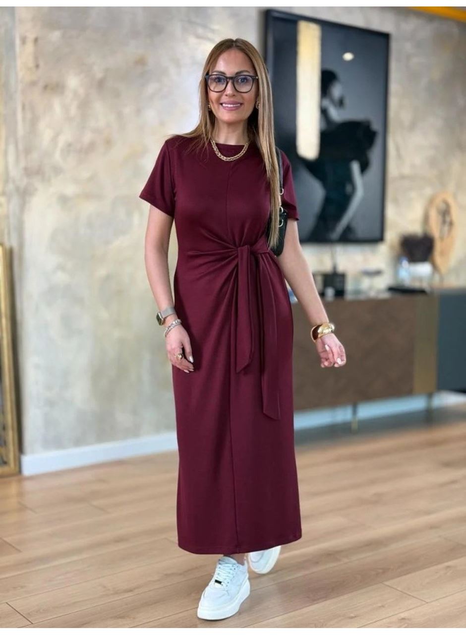 Kadın Kısa Kollu Bisiklet Yaka Yandan Bağlamalı Viskon Iki Iplik Elbise