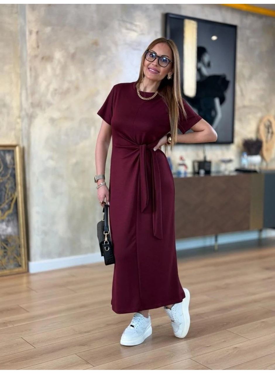 Kadın Kısa Kollu Bisiklet Yaka Yandan Bağlamalı Viskon Iki Iplik Elbise