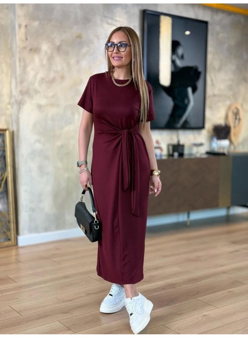 Kadın Kısa Kollu Bisiklet Yaka Yandan Bağlamalı Viskon Iki Iplik Elbise