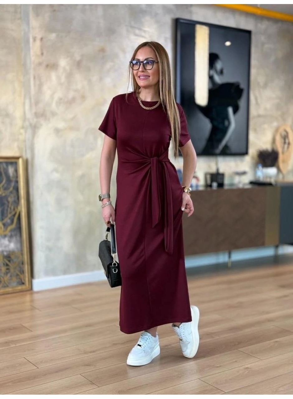 Kadın Kısa Kollu Bisiklet Yaka Yandan Bağlamalı Viskon Iki Iplik Elbise