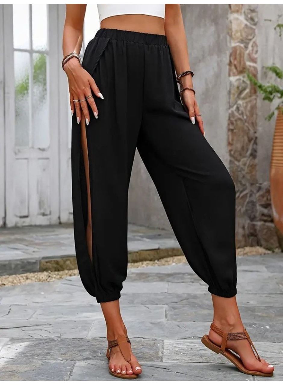 Kadın Yüksek Belli Yanlardan çapraz Detay Yırtmaçlı Viskon Pantolon