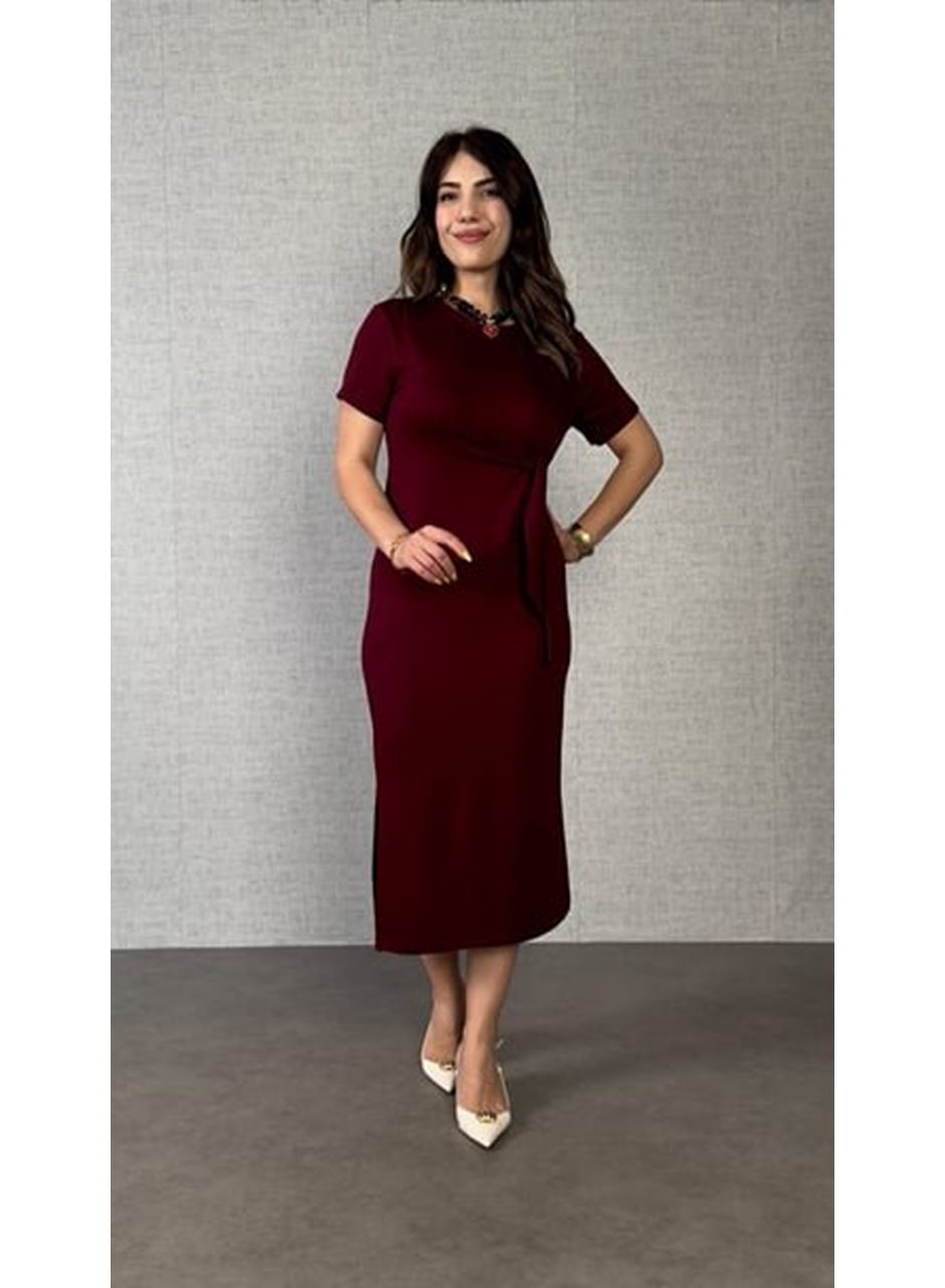 Kadın Kısa Kollu Bisiklet Yaka Yandan Bağlamalı Viskon Iki Iplik Elbise