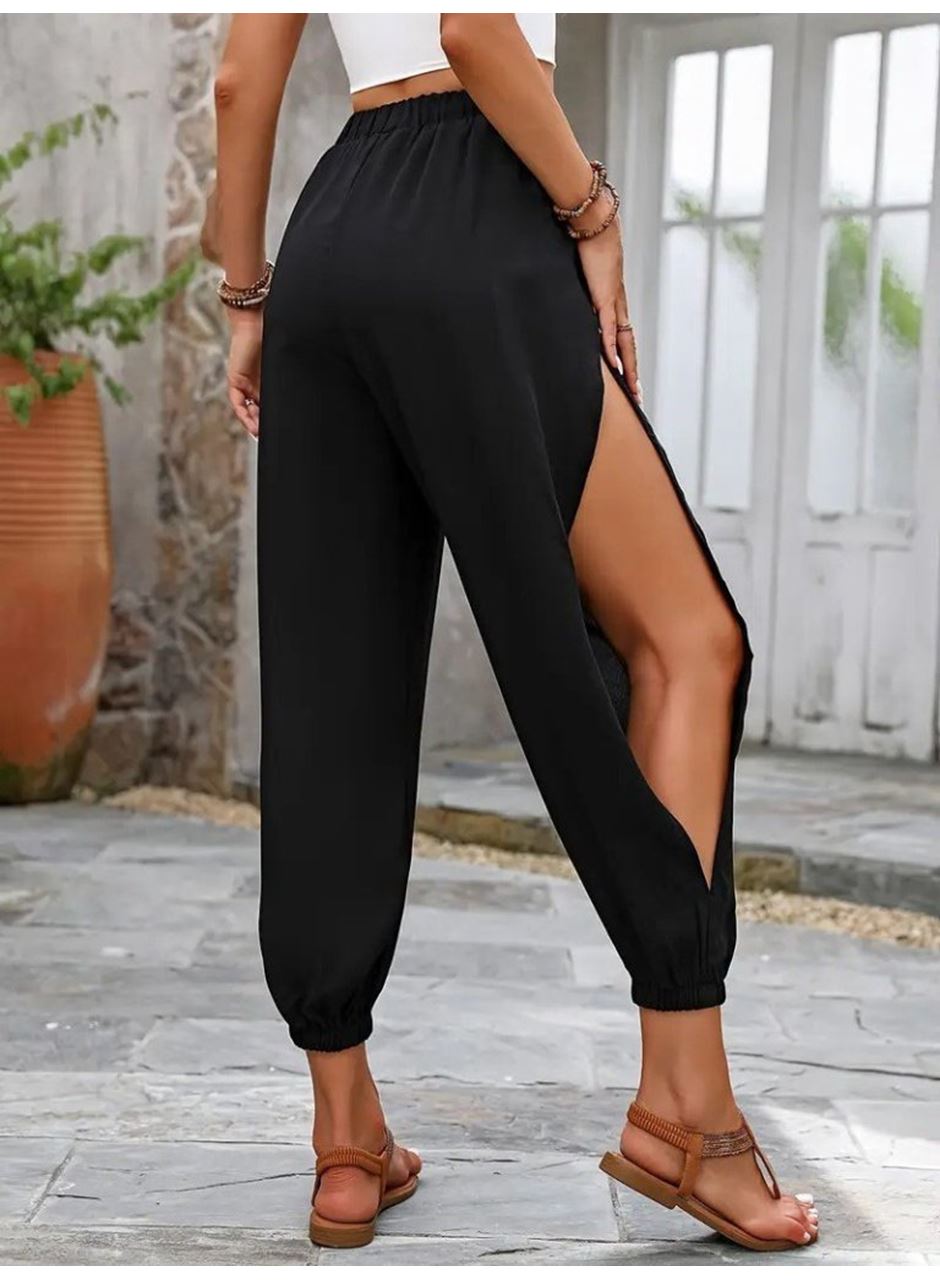 Kadın Yüksek Belli Yanlardan çapraz Detay Yırtmaçlı Viskon Pantolon