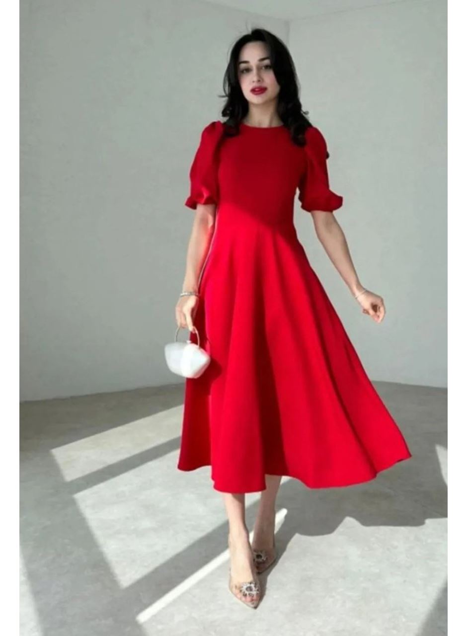 Kadın Kısa Balon Kollu Bisiklet Yaka Geniş Kesim Janjan Krep Elbise