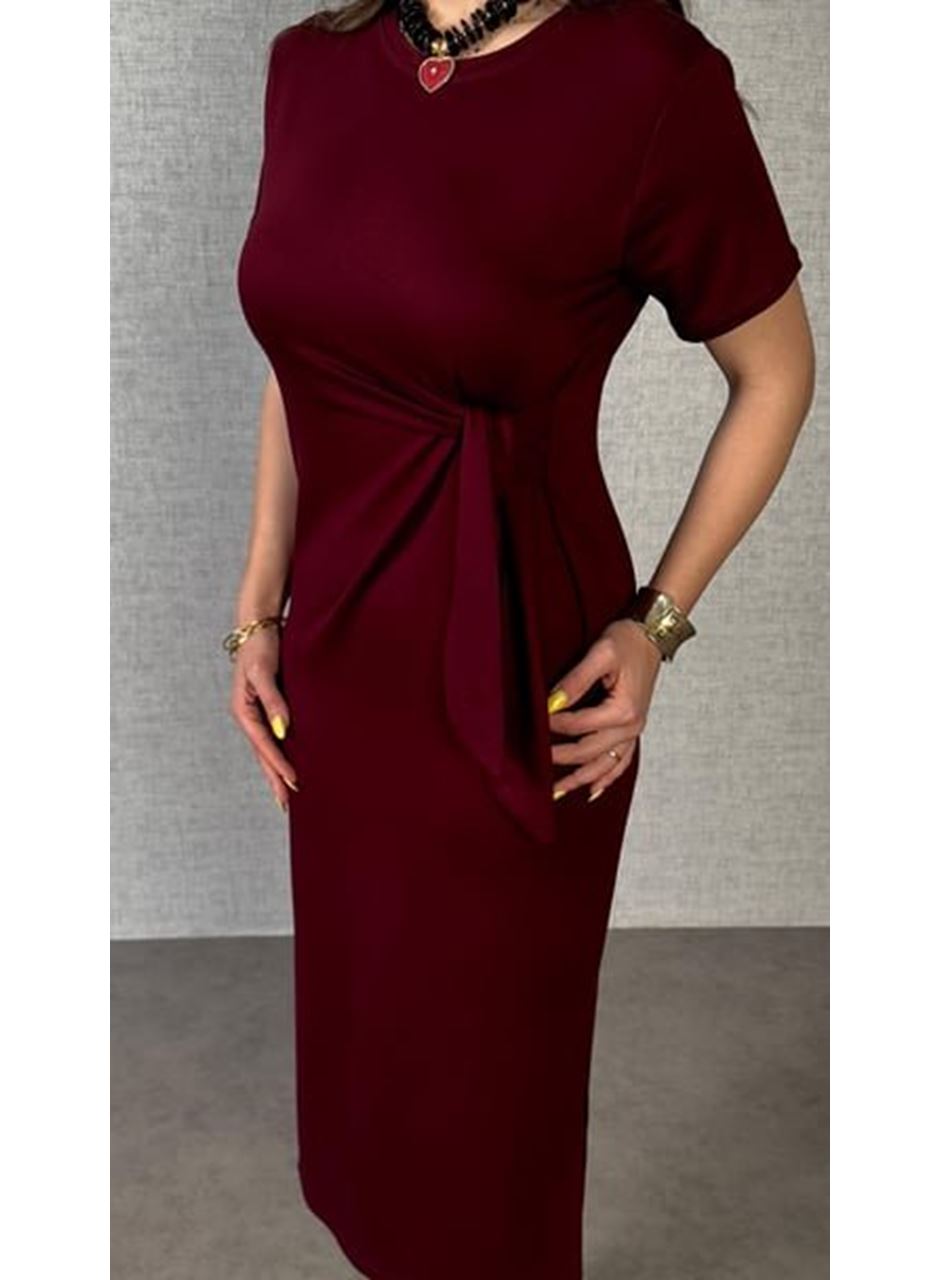 Kadın Kısa Kollu Bisiklet Yaka Yandan Bağlamalı Viskon Iki Iplik Elbise