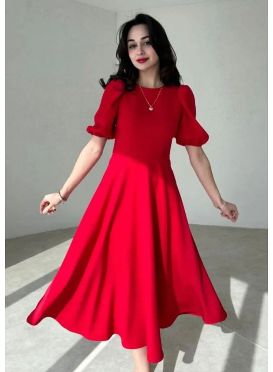 Kadın Kısa Balon Kollu Bisiklet Yaka Geniş Kesim Janjan Krep Elbise