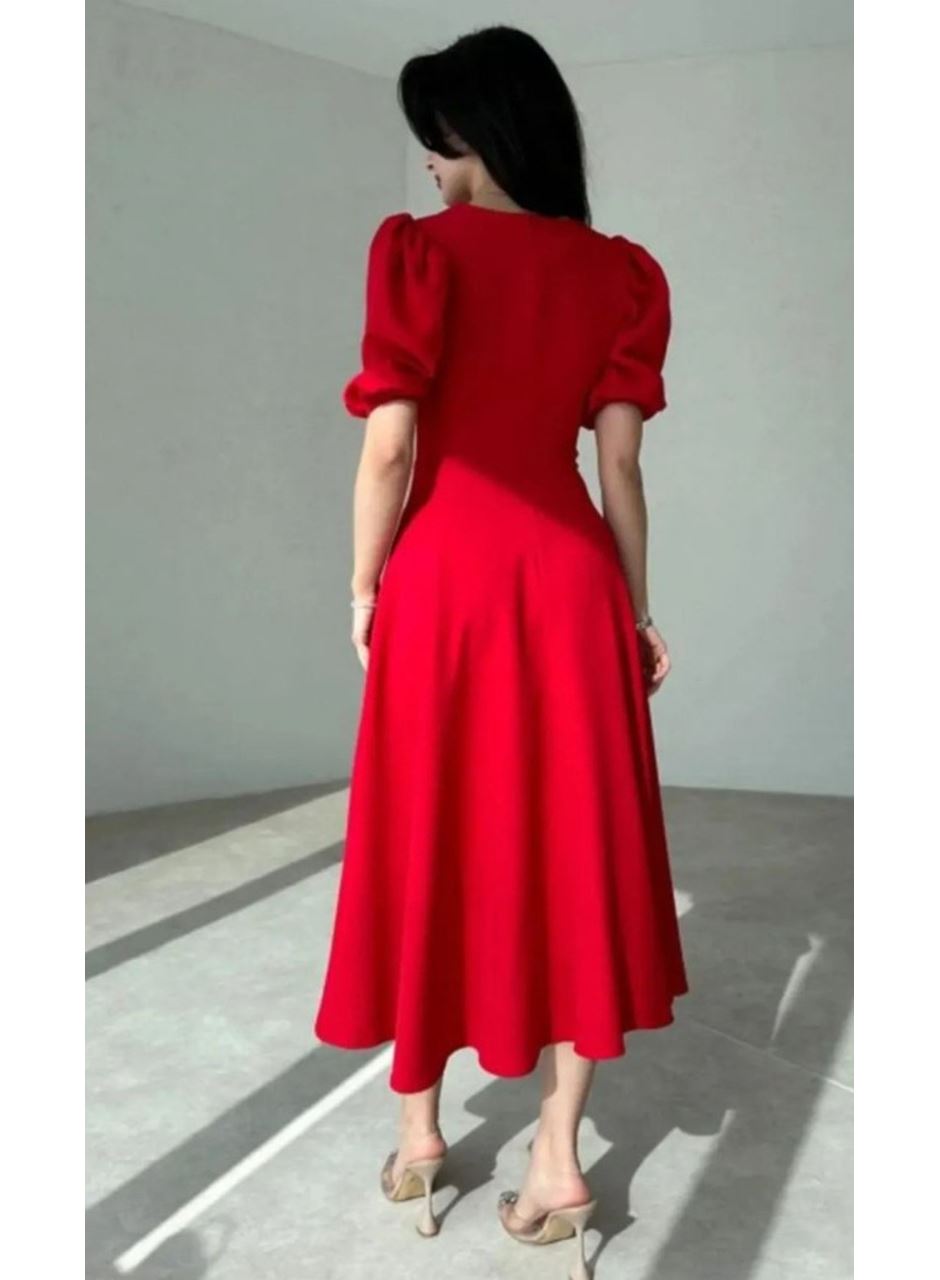 Kadın Kısa Balon Kollu Bisiklet Yaka Geniş Kesim Janjan Krep Elbise