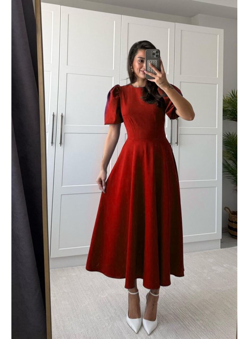 Kadın Kısa Balon Kollu Bisiklet Yaka Geniş Kesim Janjan Krep Elbise