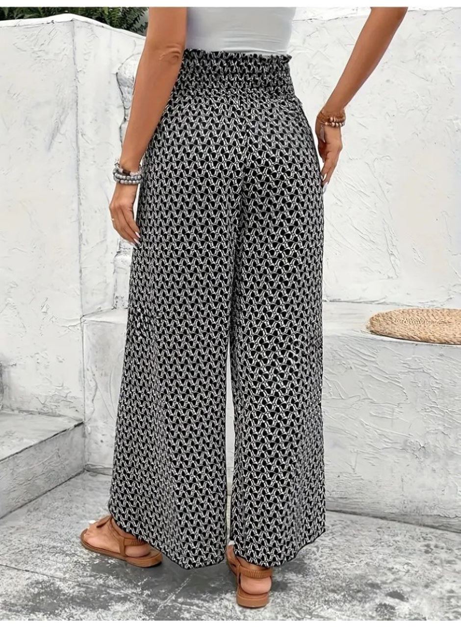 Kadın Yüksek Bel Lastikli önden Iki Parçalı Desenli Bürümcük Pantolon