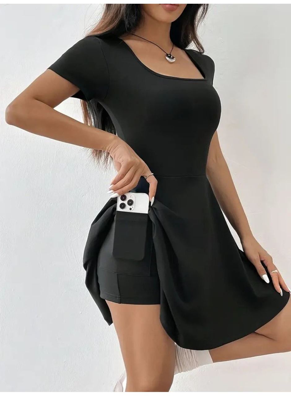 Kadın Kısa Kollu Kare Yaka Short Detaylı Cepli Dalgıç Elbise