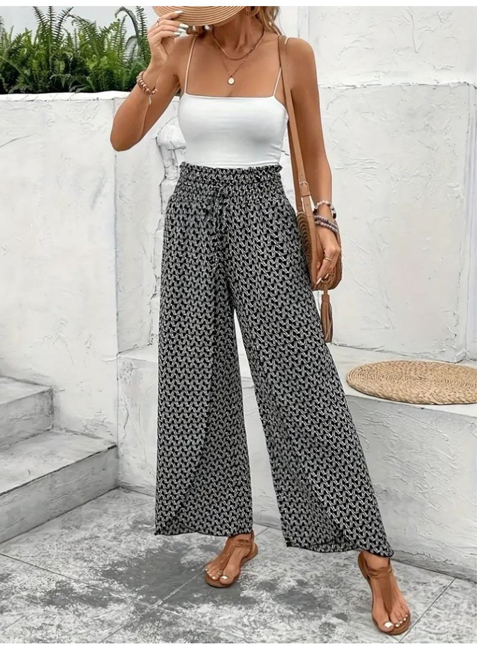 Kadın Yüksek Bel Lastikli önden Iki Parçalı Desenli Bürümcük Pantolon