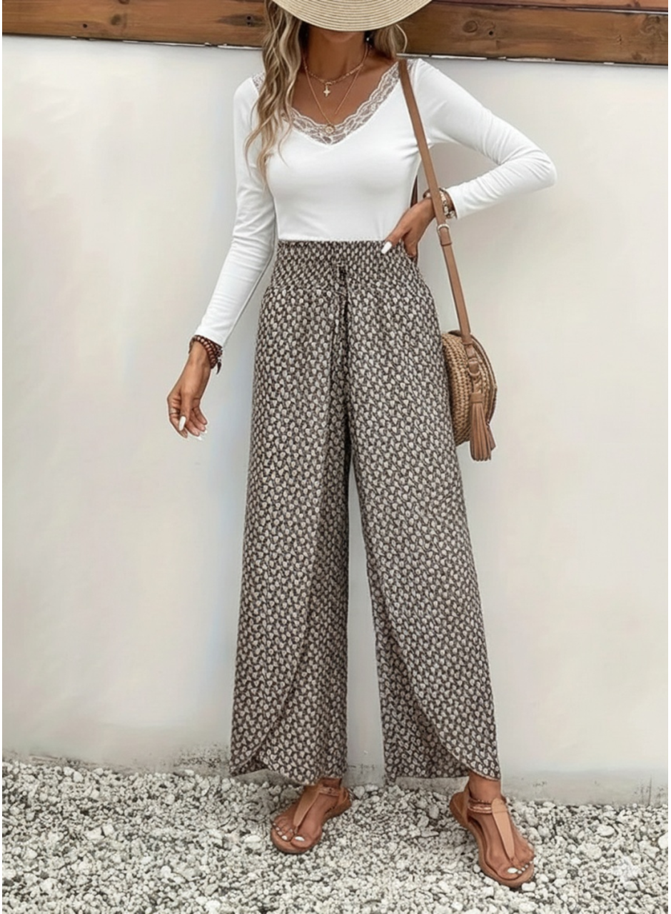 Kadın Yüksek Bel Lastikli önden Iki Parçalı Desenli Bürümcük Pantolon