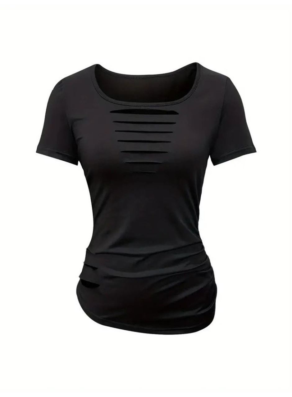 Kadın Kısa Kollu Yakası Açık Lazer Kesik Detaylı Viskon Bluz