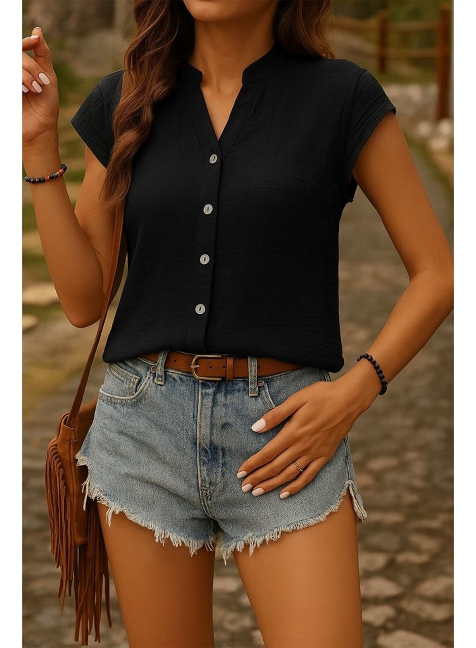 Kadın Kısa Kollu V Yakalı önden Düğmeli Müslim Gömlek