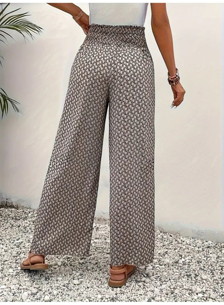 Kadın Yüksek Bel Lastikli önden Iki Parçalı Desenli Bürümcük Pantolon