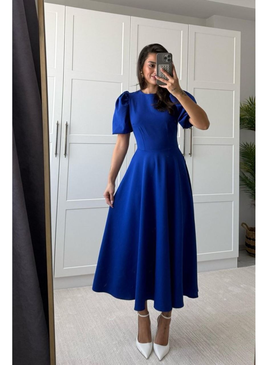 Kadın Kısa Balon Kollu Bisiklet Yaka Geniş Kesim Janjan Krep Elbise