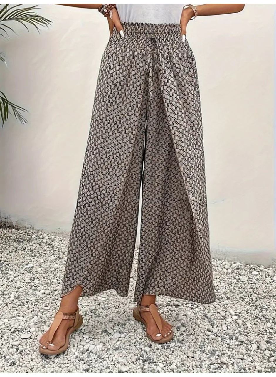 Kadın Yüksek Bel Lastikli önden Iki Parçalı Desenli Bürümcük Pantolon