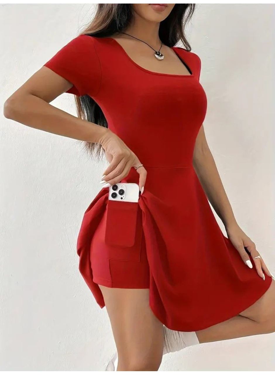 Kadın Kısa Kollu Kare Yaka Short Detaylı Cepli Dalgıç Elbise