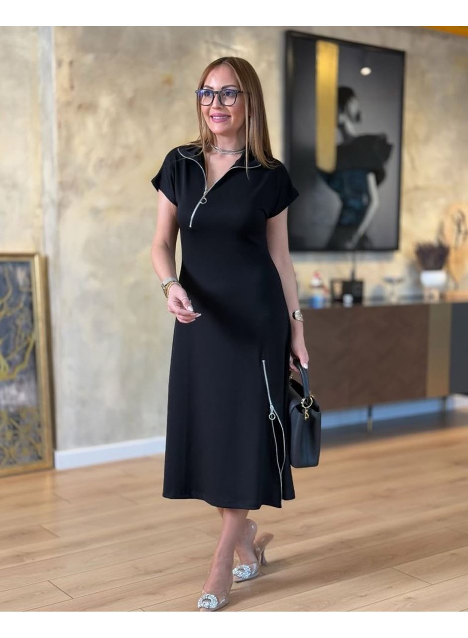 Kadın Kısa Kollu Yakadan Ve Etekten Fermuarlı Midi Viskon Iki Iplik Elbise