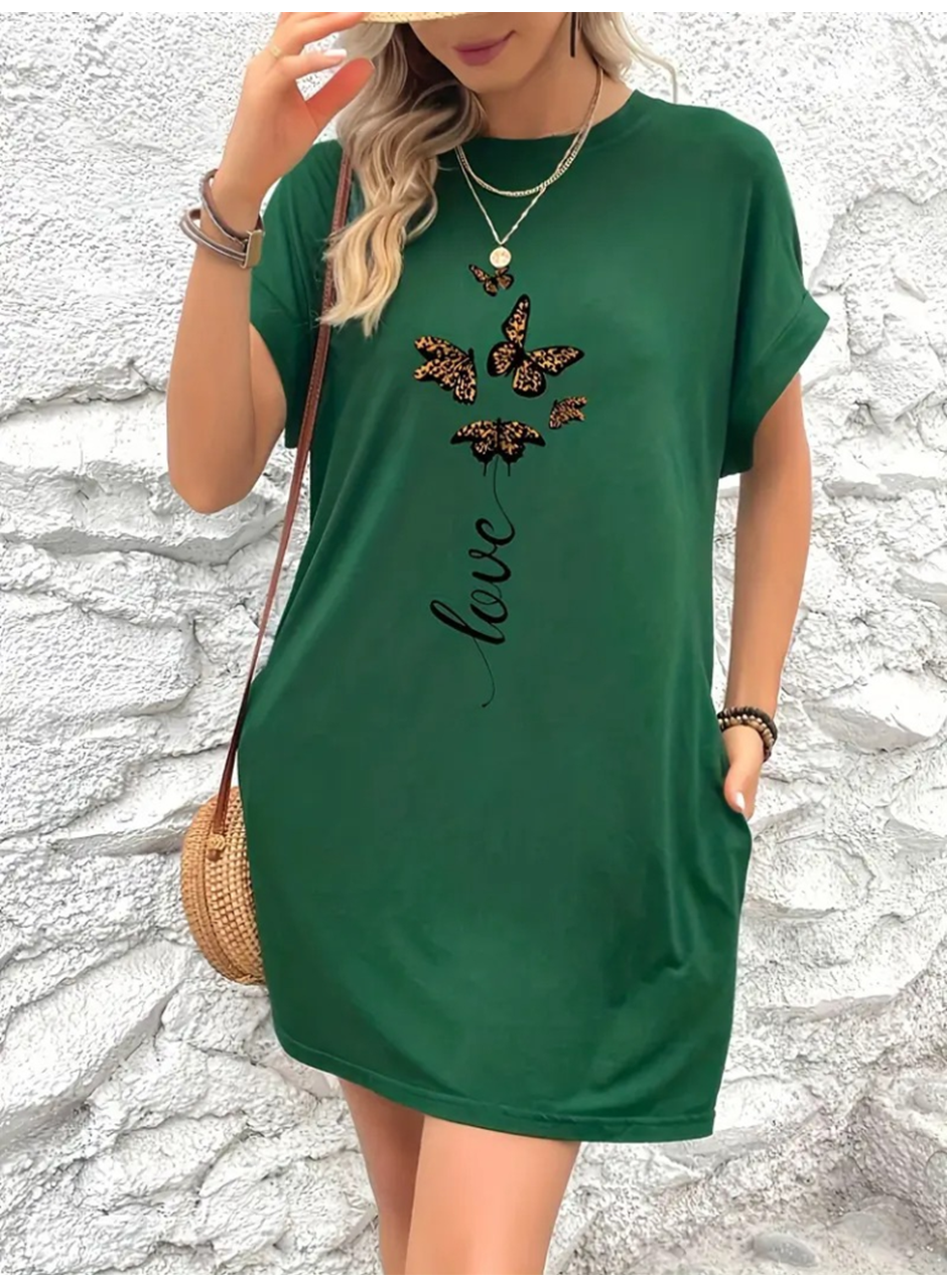 Kadın Kısa Kollu Bisiklet Yaka Cepli Kelebek Baskılı Viskon Elbise