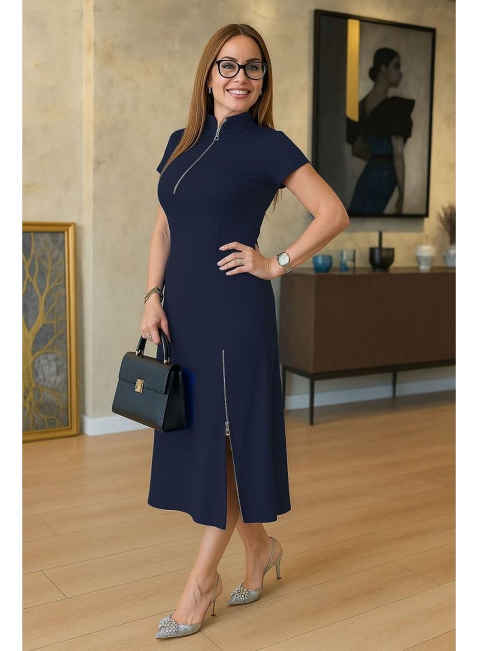 Kadın Kısa Kollu Yakadan Ve Etekten Fermuarlı Midi Viskon Iki Iplik Elbise